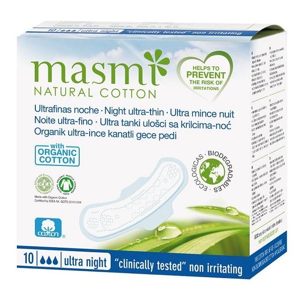 Ультратонкие ночные гигиенические прокладки с крылышками в индивидуальной упаковке, Masmi Natural Cotton, 10 шт