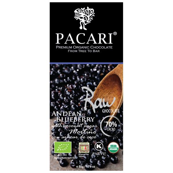 Органический живой шоколад Pacari с дикой андской черникой 70%, 50 гр