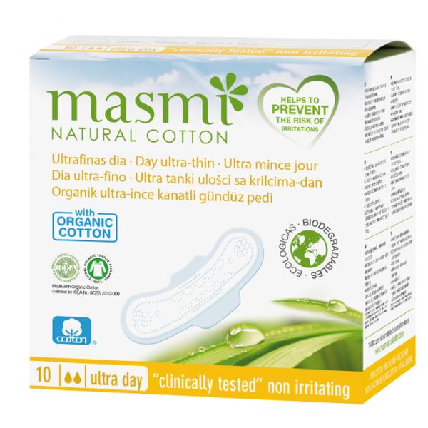 Ультратонкие дневные гигиенические прокладки с крылышками в индивидуальной упаковке, Masmi Natural Cotton, 10 шт