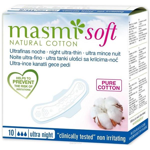 Ультратонкие  ночные гигиенические прокладки Soft из натурального хлопка, Masmi Natural Cotton, 10 шт
