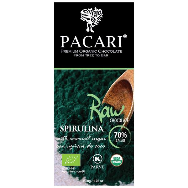 Органический живой шоколад Pacari со спирулиной 70%, 50 гр