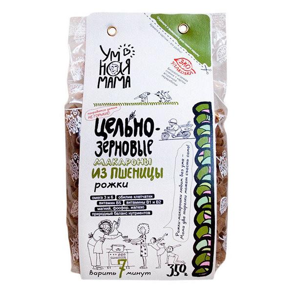 Макароны цельнозерновые пшеничные - рожки "Умная мама", 350 гр